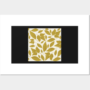 White Cream and Mustard Leaves Pattern Posters and Art